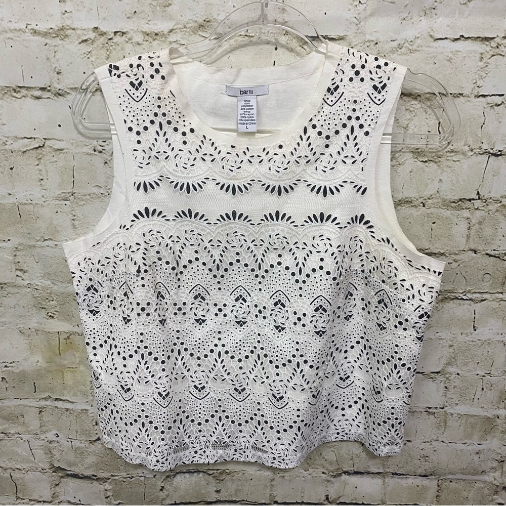 Bar III Ivory Black Floral Lace Layered Tank Top